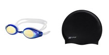 IST Anti-UV Polycarbonate Mirrored Adult Swim Goggles and Stretchy Swim Cap Set