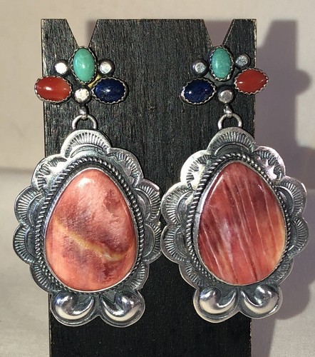 Vtg Navajo Sterling, Spiny Oyster, Lapis, Coral, turquoise Pendant Post Earrings - Picture 3 of 12