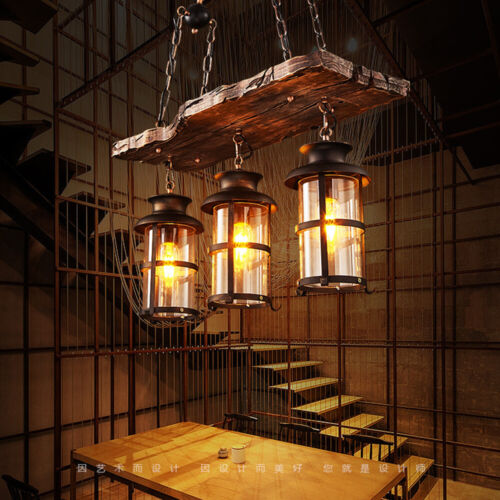 3 Heads Chandelier Industrial Ceiling Lamp Rustic Wood Hanging Pendant Light NEW
