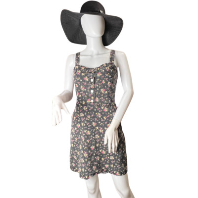 No Boundaries Jumper Dress XL Floral Retro Y2K Mini Dark Wash Denim Jean Dress