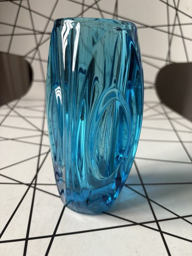 Sklo Union Rosice "Lens" Vase Rudolf Schrötter, Blue, Czech Midcentury 6” - Picture 5 of 14