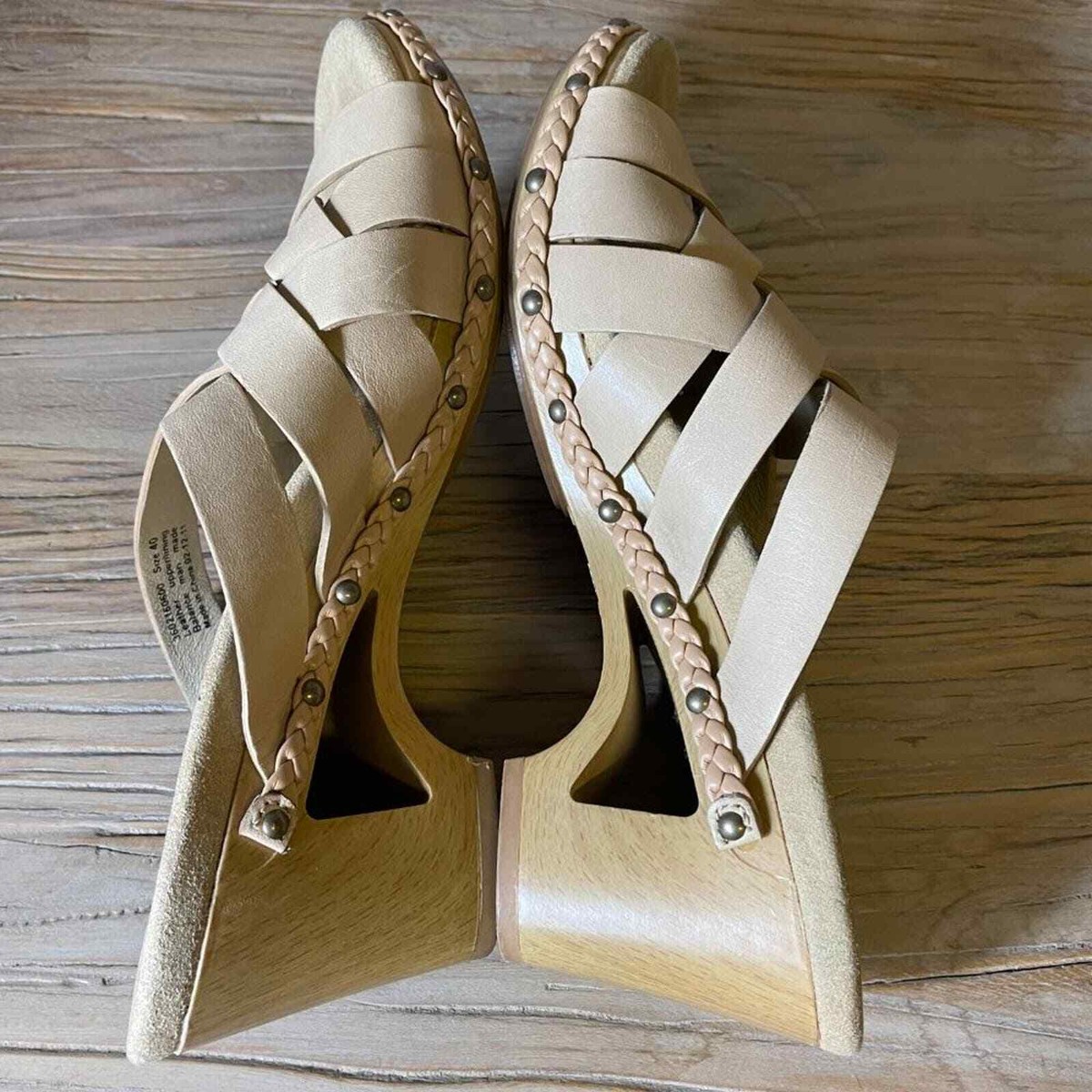 Dansko Tan Strappy Leather Wood Heel Wedge Clogs