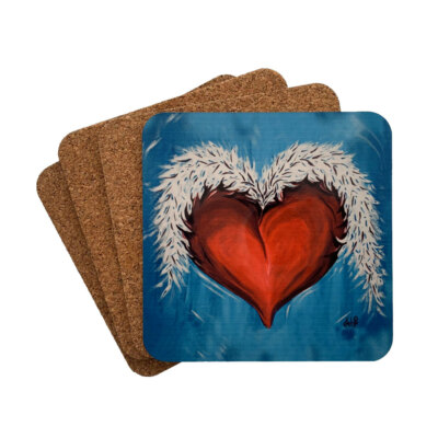4 Piece Drink Coaster Set Home Decor Accents Tattoo Art Heart and Wings
