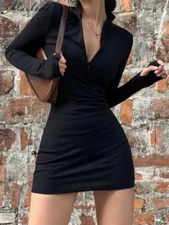 Women Sexy Zip Up Bodycon Dress V-Neck Long Sleeve Mini Ribbed Pencil Dress US