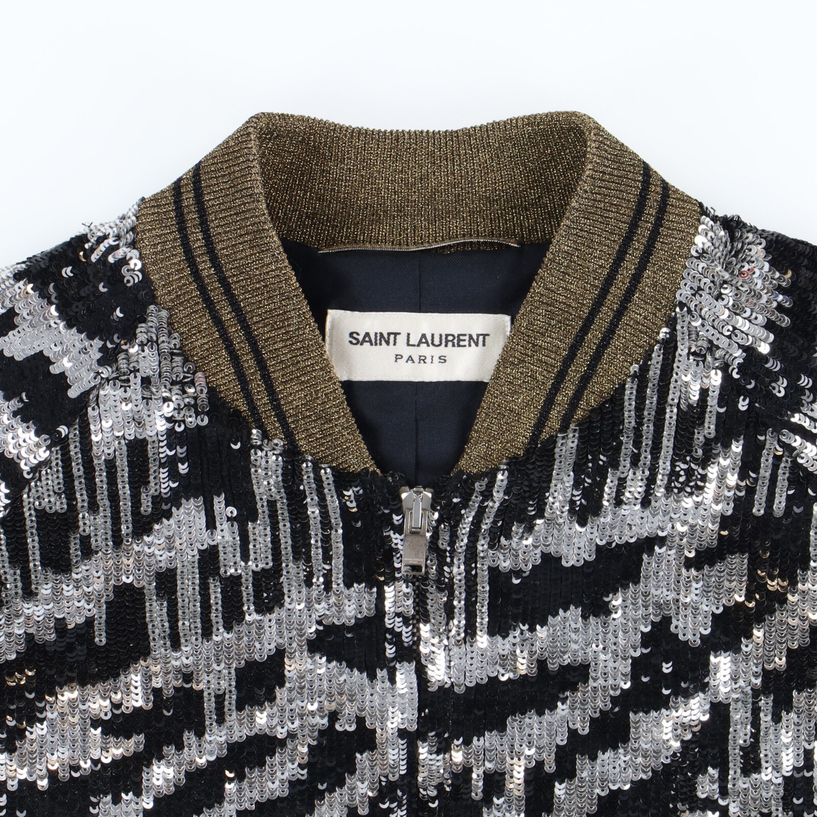 Giacca Bomber Saint Laurent Paris Nero e Argento Zebra Paillettes Raglan Taglia S