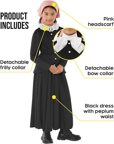 Kids Harriet Tubman Costume Girls Historical Colonial Activist Pilgrim Outfit - Picture 2 of 6