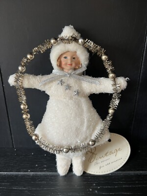 KD Vintage Christmas Snow Figurine Girl Holding Gold/Silver Garland 7'' Tall