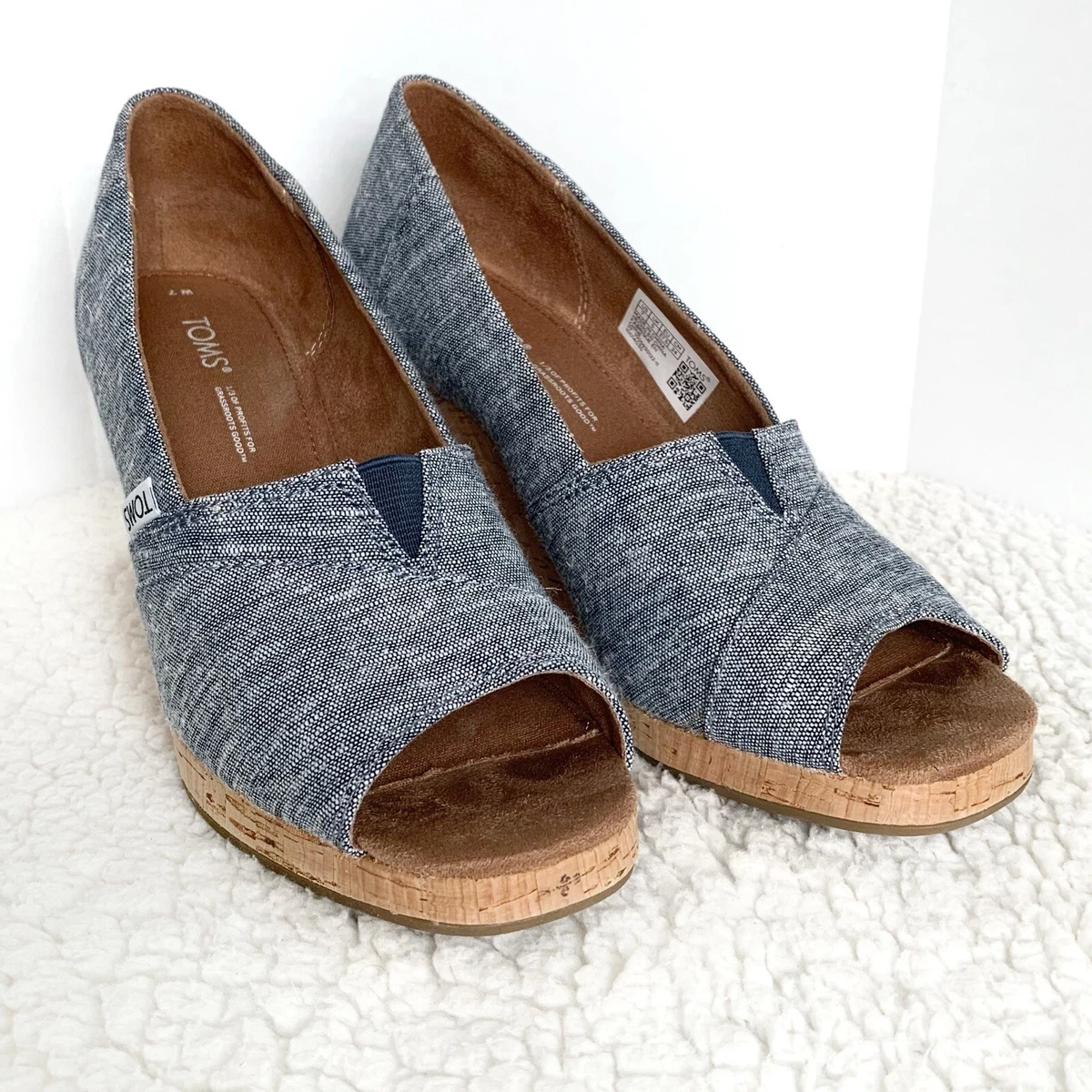 TOMS Michelle Cork Platform Wedge Shoes Womens 7 Blue Tweed Casual Office