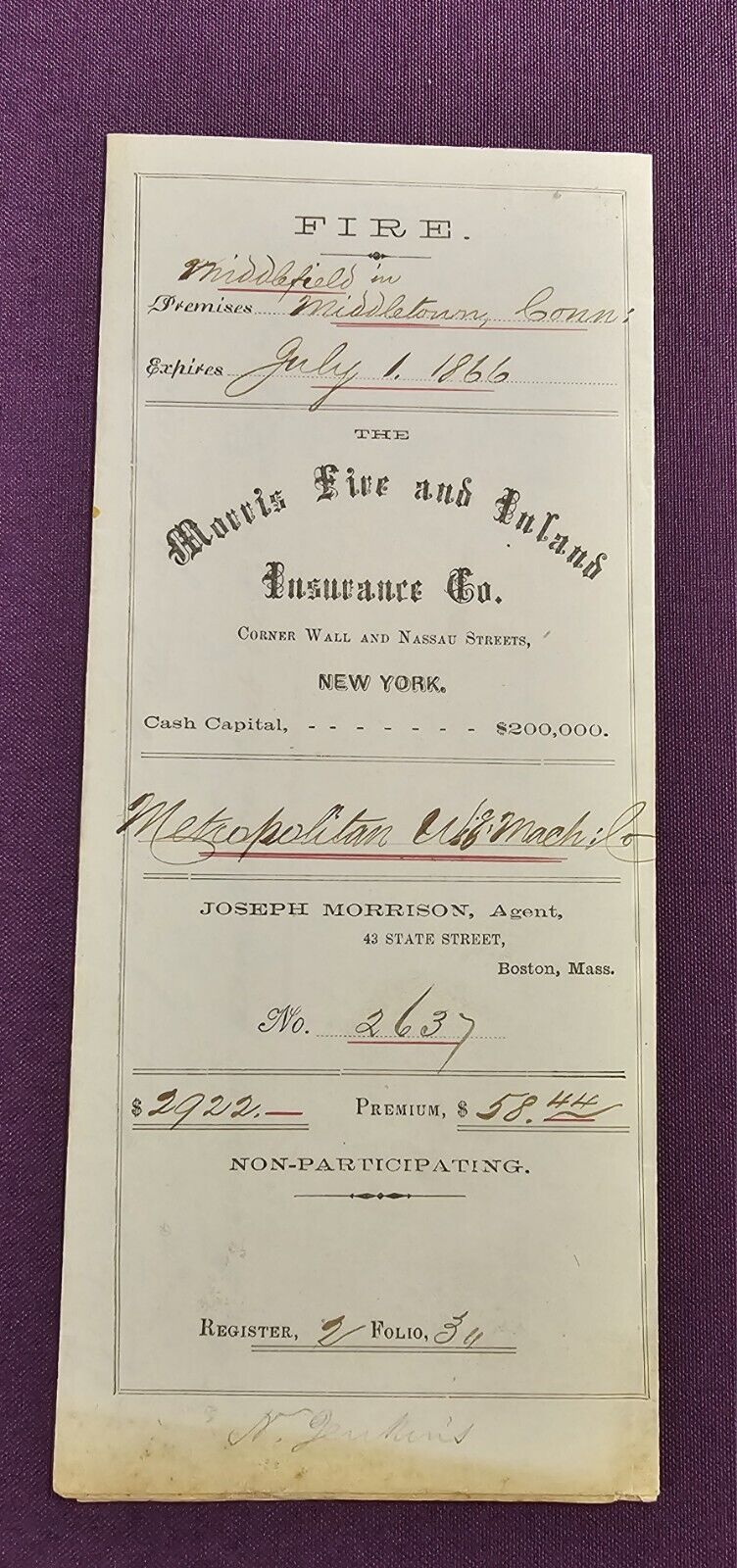 1866 Fire Insurance Policy Morris Fire &Amp; Inland Ins Co Middletown Ct W/Stamp