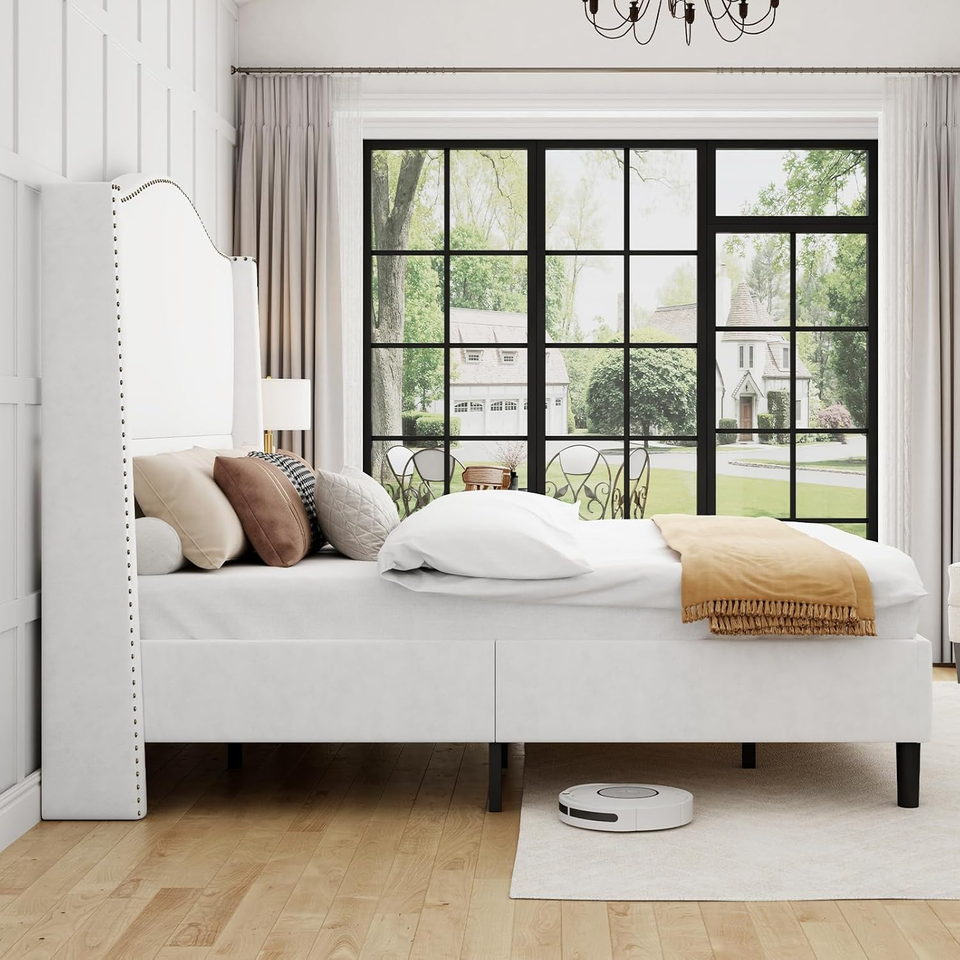 Jocisland King Size Platform Bed Frame,Velvet Fabric Upholstered Bed