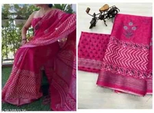 New Linen Cotton Sari With Unstitched Blouse Piece Party Wedding Wear For Women
