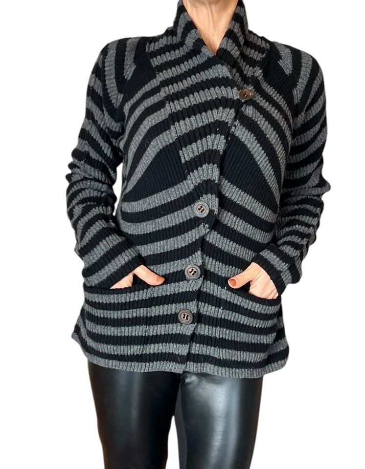 SONIA RYKIEL CÁRDIGAN SUÉTER GRIS NEGRO RAYAS CHAL CUELLO LANA CACHEMIR 40 M Foto 2 de 4