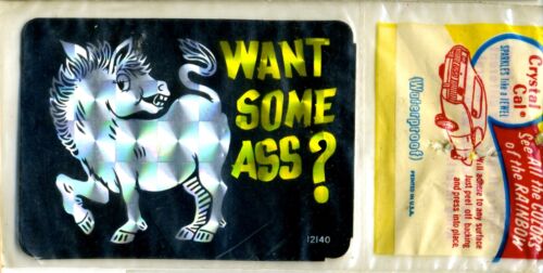 vtg prismatic sticker 70's novelty want some ass? donkey retro Van Vanner Biker - Afbeelding 1 van 1