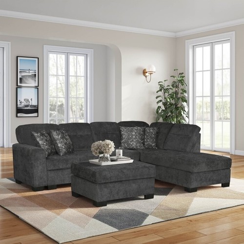 Right Facing L-Shaped Sectional Sofa w/ Ottoman & Pillows, Living Room Couch Set
