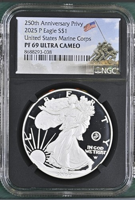 #ad 2025 P Silver Eagle US Marine Corp 250th Privy NGC PF69 ready % $199.99