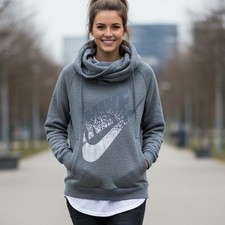 Nike Gray Pullover Hoodie Funnel Neck Sweatshirt Women's Size M Silver Metallic
