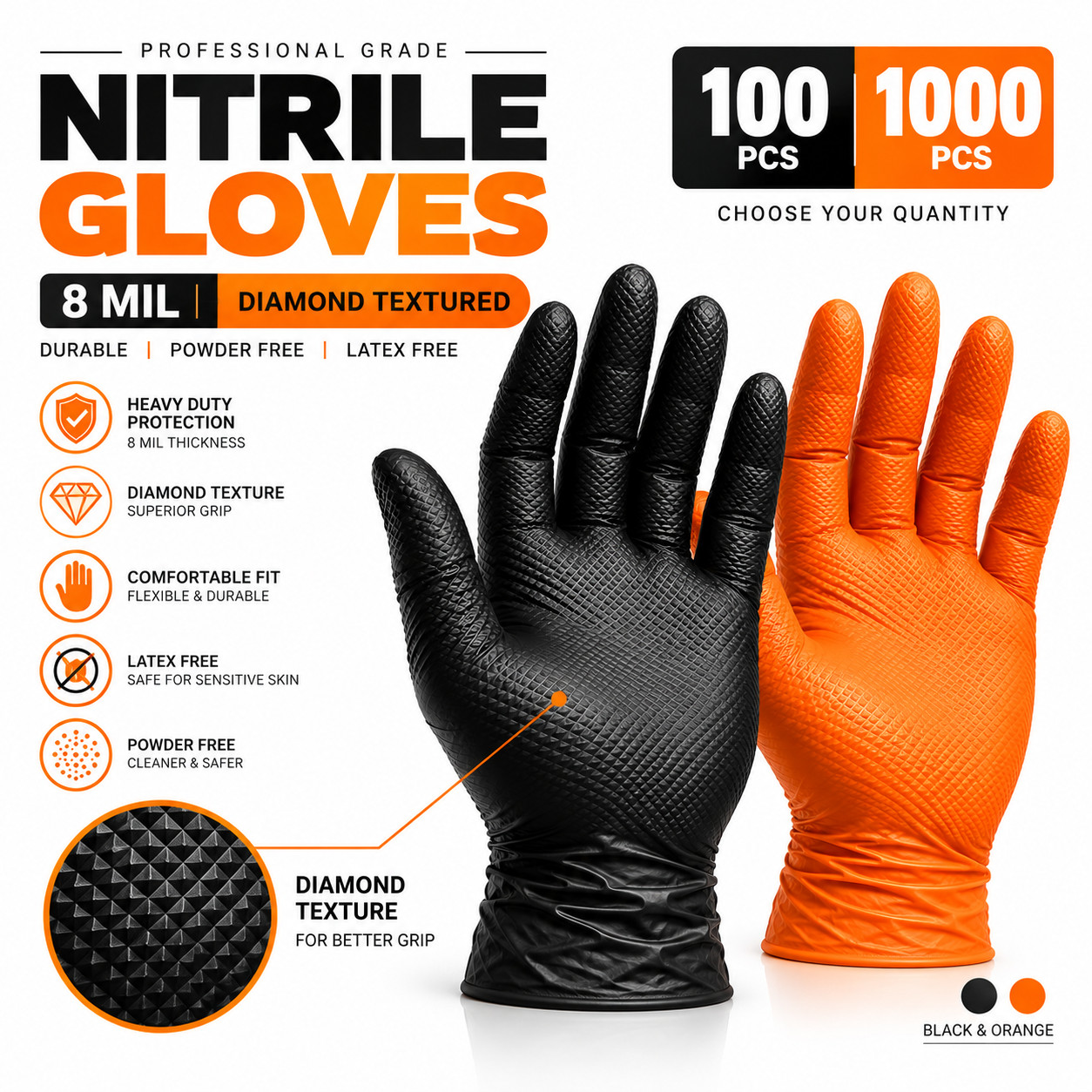 Black/Orange Nitrile Gloves 8 Mil Raised Diamond Textured | Fast Ship