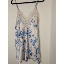 Linea Donatella Satin White Blue Floral Lace Slip Nightgown