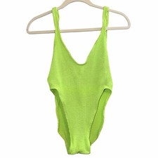 VTG 90s Swimsuit One Piece Catalina Jrs. Neon Green textures Size L. High Cut