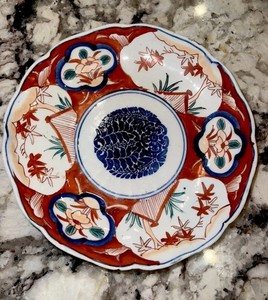Antique Japanese Imari Hand Painted Bowl Plate 8” Blue Orange Blossom Asian