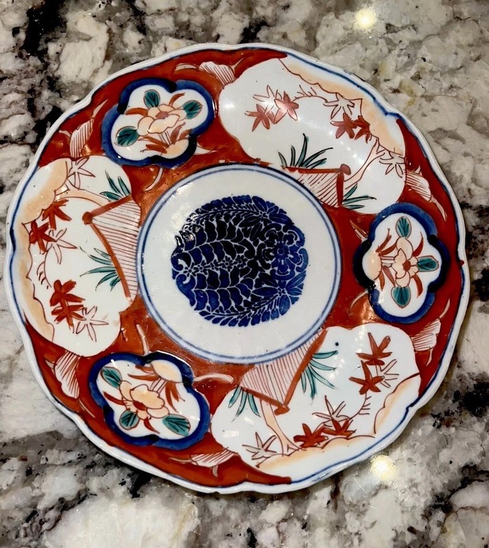 Antique Japanese Imari Hand Painted Bowl Plate 8” Blue Orange Blossom Asian