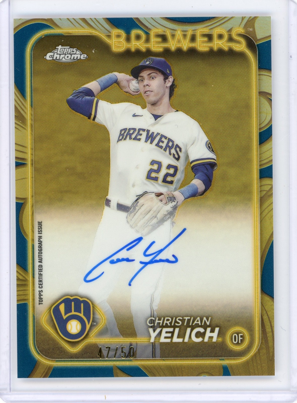 2024 Topps Chrome Gilded Christian Yelich Blue Gold Refractor On Card Auto 47/50
