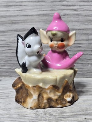 1950s Vintage Porcelain 3'' Pixie Elf & Anthropomorphic Skunk Stump Made In Japan