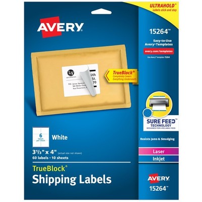 Avery Printable Shipping Labels, Sure Feed Technology, 3-1/3'' x 4'', White, Laser