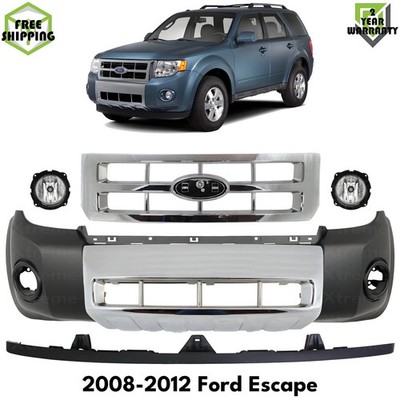 Front Bumper Cover Primed Plastic & Fog Lights Kit For 2008-2012 Ford Escape