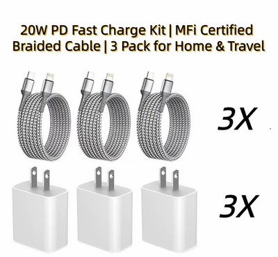 3PCS 20W PD Fast Charger USB-C Cable Wall Adapter Kit For iPhone 14 13 12 11 XR