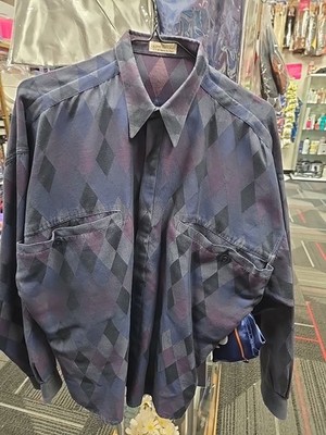 VTG Gianni Versace Shirt Mens Large 50 Gray Purple Diamond Italy Cotton 80s RARE