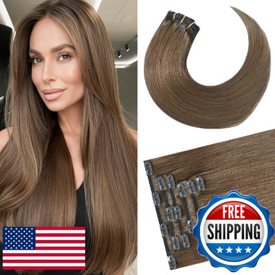 Newfeeling Brown Clip in Hair Extensions 18 Inch 75g Real Human Hair Natural Sil