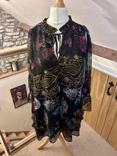 Soul Kathrine Black Printed Dress Size M Sheer Long Sleeve Oriental Floral Boho