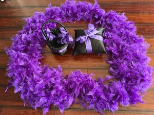 BLACK & PURPLE RING BEARER PILLOW & FLOWER GIRL BASKET w/ 2 PURPLE FEATHER BOAS