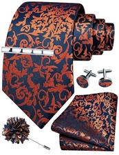 Tie Set for Men Necktie and Pocket Square,Tie Clip,Cufflinks, Burnt Orange