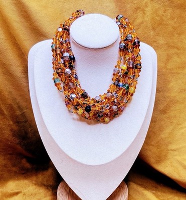 Miriam Haskell Vintage Signed Necklace Amber Glass With Colorful Glass Beading