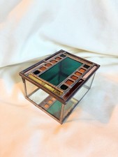 Vintage Stained Glass Trinket Box W Mirror Bottom Hinged Lid Etched Flower