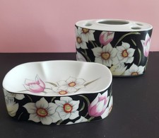 Vtg Daffodil Tulip Porcelain Soap Dish Toothbrush Holder, Japan IW Rice