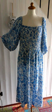 SIZE 20 / 22 BLUE & WHITE SHIRRED BODICE PUFF SLEEVE MAXI SUMMER DRESS by F&F