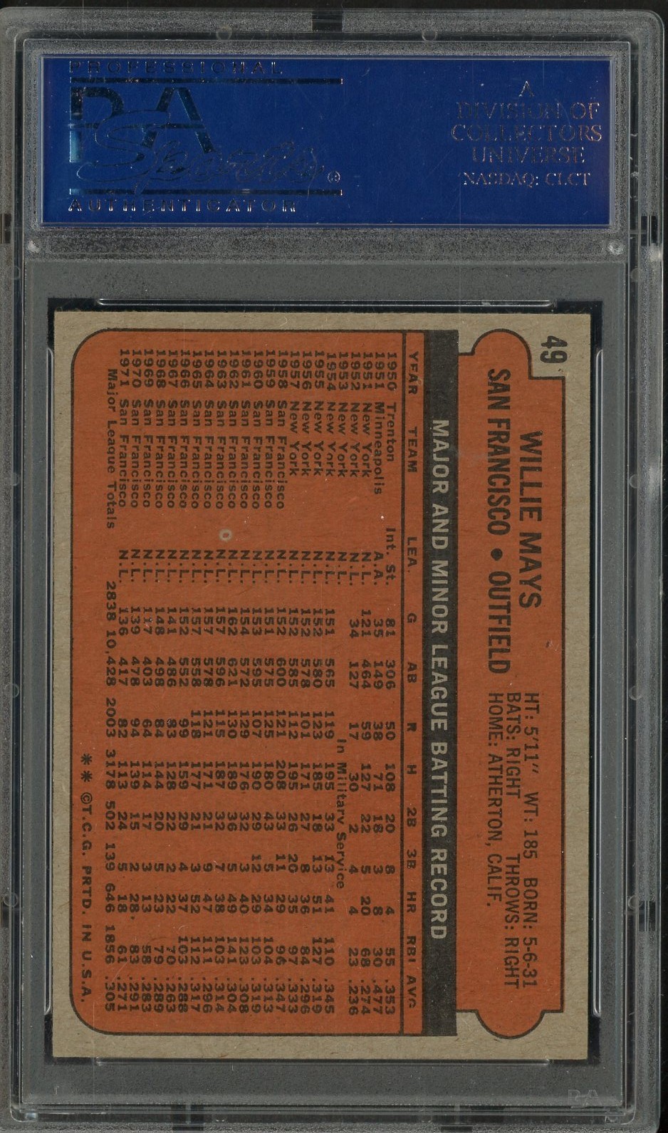1972 Topps #49 Willie Mays San Francisco Giants HOF PSA 8 NM-MT view 2