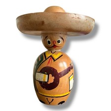 Vintage Mexican Sombrero Man Tooth Pick Holder Wood Handmade Mariachi Fiesta