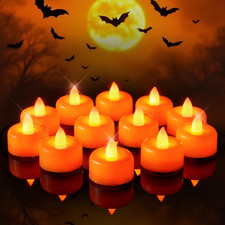 12-Pack Halloween Orange LED Tea Light Candles - Battery Operated, Flameless Dec