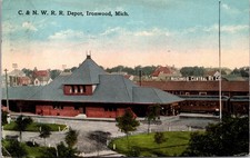 C and NW Railroad Depot Ironwood Michigan Vintage Postcard Posted 1 Cent