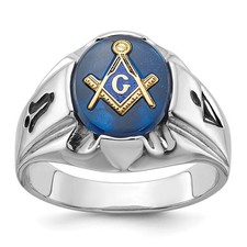 14k White Gold Men Antiqued and Grooved Imitation Blue Spinel Masonic Ring Sz 10