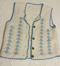 Vintage - Baby Clothing - Layette - White Crochet Sweater Vest with Blue trim