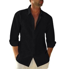 Button Down Linen Shirts for Men Casual Long Sleeve Regular Fit Cotton Beach ...