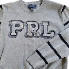 Polo Ralph Lauren Boys Sweater Gray Striped Sleeve PRL Logo Size M 10-12 Cotton