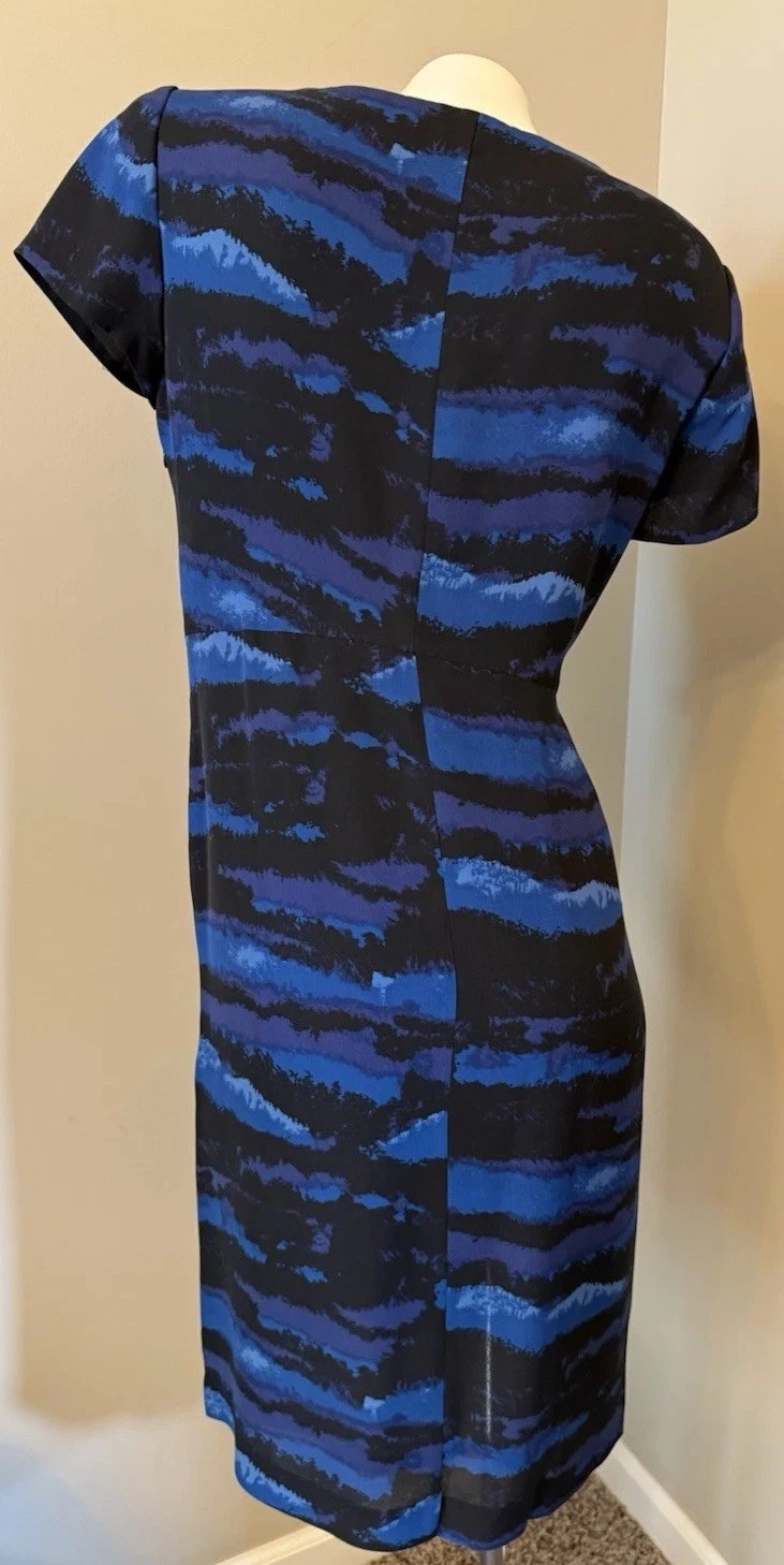 Abito Tory Burch Kaoy Landscape 100% seta foderato nero blu taglia 8 bellissimo