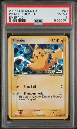 2005 POKEMON EX EMERALD #60 PIKACHU-REVERSE FOIL PSA 8