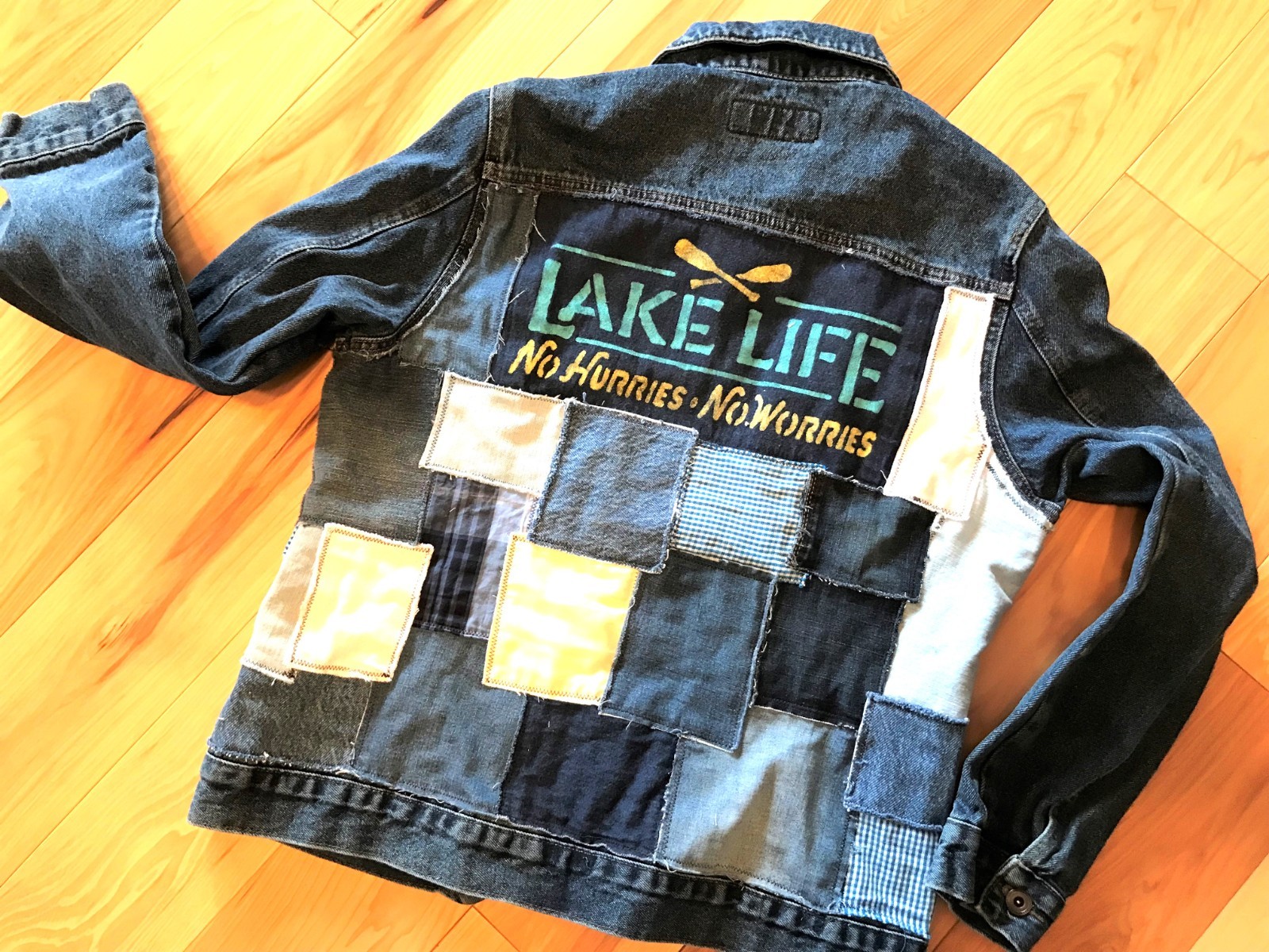 Upcycled Lake Theme Patchwork Jean Jacket, Painte… - image 9